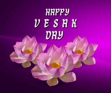 Happy Vesak day greeting card with lotus flower on purple backgroundの写真素材