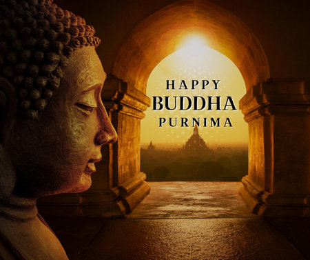 Buddha statue in front of a door in Bagan, Myanmarの写真素材