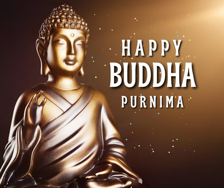 Buddha statue with golden text Happy Bhuddha Purnimaの写真素材