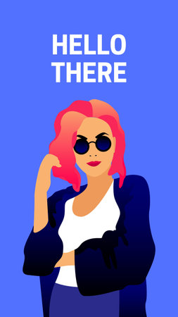 Hello there. Girl in sunglasses. Vector illustration in flat style.の写真素材