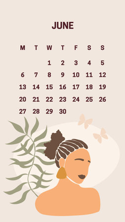 Calendar for June 2019. Vector illustration of a girl with a flower in her hair.の写真素材