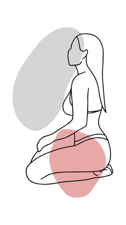 Continuous one simple single abstract line drawing of woman sitting in lotus position icon. Linear stylized.の写真素材