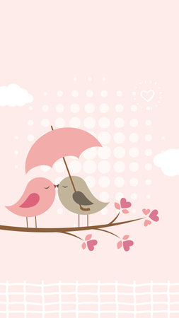 Cute birds on a branch with an umbrella. Vector illustration.の写真素材