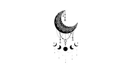Vector illustration of moon and Sacred geometric symbol on white background. Abstract mystic sign. Black and white linear shape.の写真素材