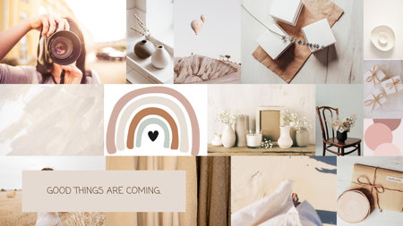 Collage of photos against woman holding camera and taking photo of roomの写真素材