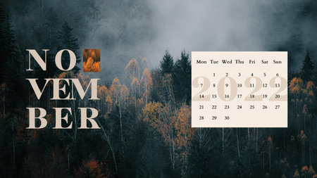 Calendar for november 2022 against misty forest in autumnの写真素材