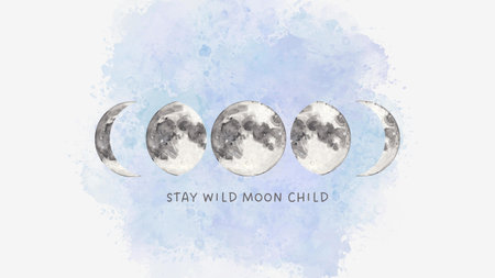 Watercolor hand drawn illustration of the phases of the moon on a white background.の写真素材