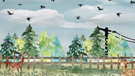 Watercolor illustration of a forest with a fence and a flock of birdsの写真素材