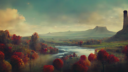 Autumn landscape with river and foggy mountains. Beautiful nature background.の写真素材