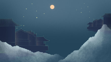 Chinese landscape with moon and clouds in the sky, paper art styleの写真素材