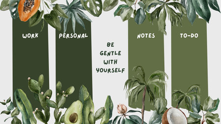 Watercolor tropical background with palm leaves, avocado, succulents.の写真素材