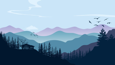 Mountain landscape with a house and a flock of birds. Vector illustration.の写真素材