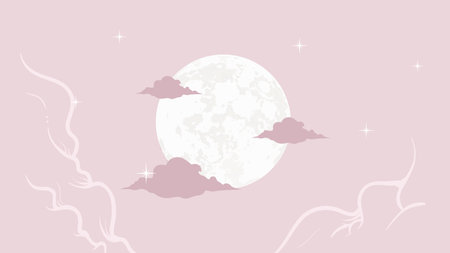 Illustration of a full moon with clouds and stars on a pink backgroundの写真素材
