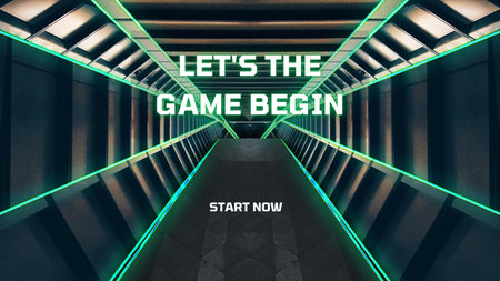 3D rendering of a futuristic hallway with glowing lights and the text Lets the Game Begin!の写真素材