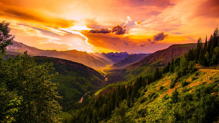 Sunset in Glacier National Park, Montana, USA. Beautiful summer landscape.の写真素材
