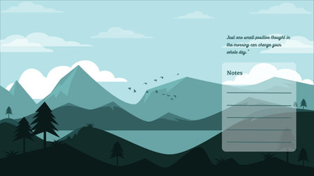 Landscape with mountains, lake and trees. Vector illustration in flat styleの写真素材