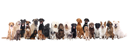 Group of different breeds of dogs isolated on white background. Studio shot.の写真素材