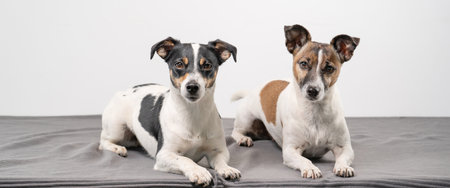 Three jack russell terrier dogs sitting on a gray backgroundの写真素材