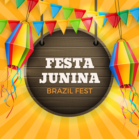 Festa Junina Brazil background with colorful paper lanterns. Vector illustrationの写真素材