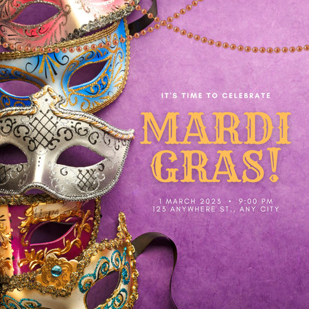 Mardi Gras carnival masks on purple background with copy spaceの写真素材