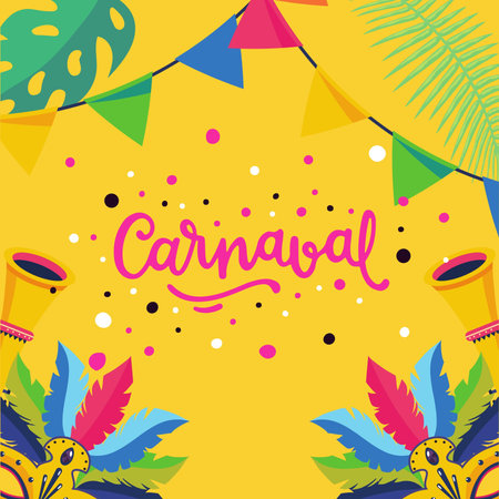 carnival poster with feathers and trumpets decoration vector illustration designの写真素材