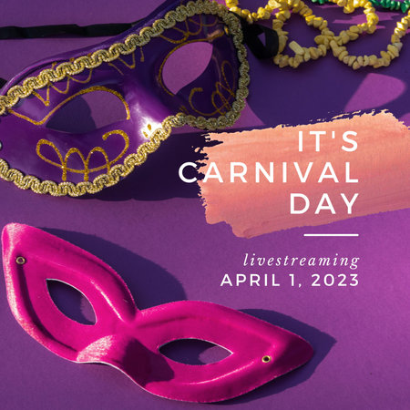 Carnival mask and beads on purple background, flat lay.の写真素材