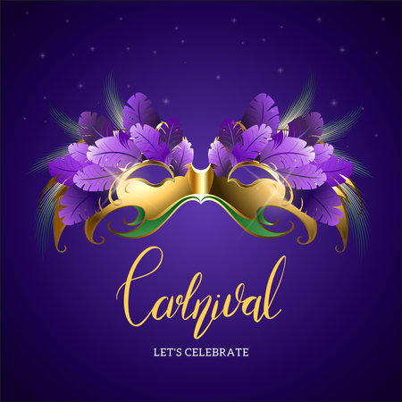 Carnival mask with feathers on purple background. Vector illustration.の写真素材