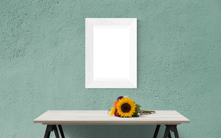 White frame mockup with sunflowers on the table. 3d renderingの写真素材
