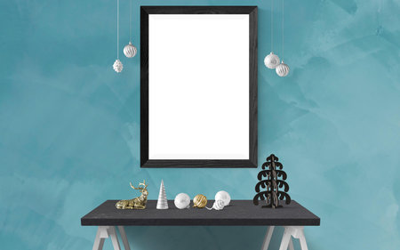Blank picture frame on the shelf with christmas decorations. 3d rendering