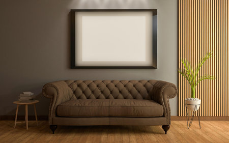 interior with brown sofa, 3d render and blank picture frame