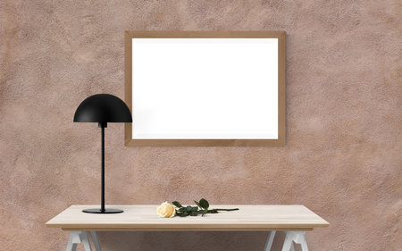 Blank picture frame on the wooden table. 3d rendering.の写真素材