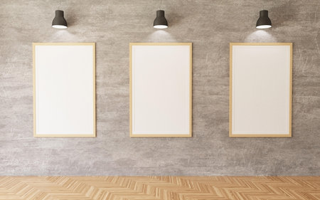 Three blank posters hanging on concrete wall. Mock up, 3D Renderingの写真素材