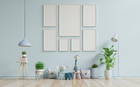 Mock up poster frame in children room interior background,3D renderingの写真素材