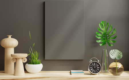 Interior of modern living room with gray walls, wooden floor, round mirror, plant in vase and white alarm clock. 3d renderingの写真素材