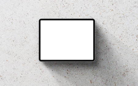 Top view of modern digital tablet with blank screen on concrete background. Mock up, 3D Rendering