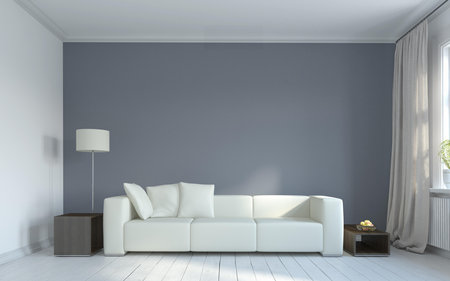 interior with white sofa 3d render illustration mock up on gray wallの写真素材