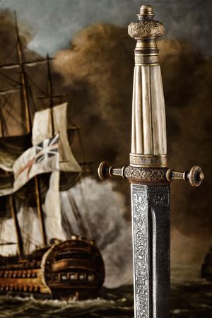 A closeup view of the handle and the blade design of a Slavic dagger from 19th centuryの写真素材