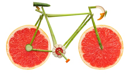 Road bicycle made of fruits and vegetables on white background.の写真素材