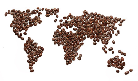 A world map made of roasted coffee beans showing that people drink coffee worldwide.の写真素材