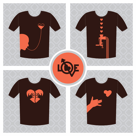 Conceptual set of t-shirt print design elements, unrequited love concept with broken heart.のイラスト素材