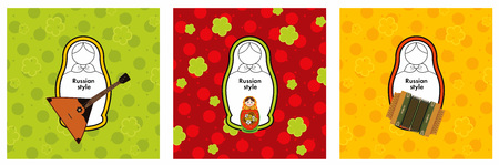 Conceptual set of Russian nesting dolls matryoshka icons, logo design elements, Russian style concept with sample text against ornament background.のイラスト素材