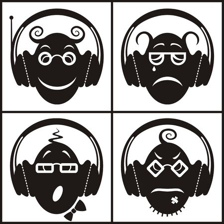 Conceptual set of funny extraterrestrial emoticon icons; vector print illustration of heads in headphones listening to the music and making grimaces.のイラスト素材
