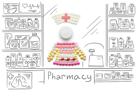 Creative medicine and healthcare concept made of drugs and pills, nurse or female doctor in pharmacy on sketchy background.のeditorial素材