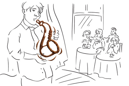 Creative still life of a musical instrument saxophone made of coffee beans on sketchy background.