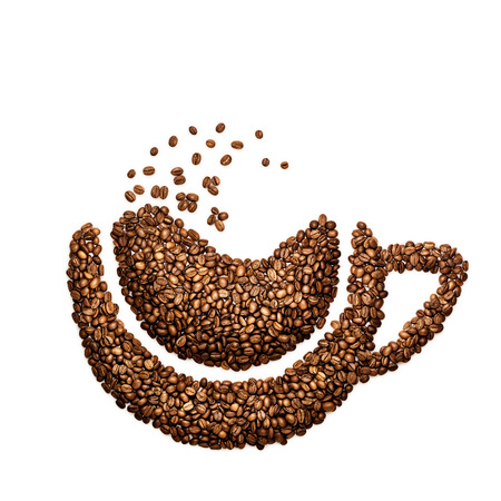 Creative still life of a moon in a cup made of coffee beans, isolated on white.の写真素材