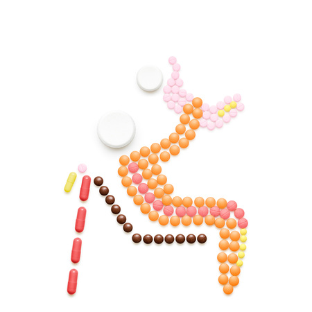 Creative medicine and healthcare concept made of drugs, grandparent with grandchild, isolated on white.の写真素材