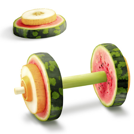 The photo of sport equipment made of healthy fruits full of vitamins.の写真素材