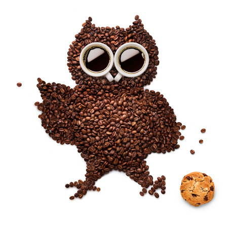 A funny owlet made of roasted coffee beans and two cups with an oatmeal cookie.の写真素材