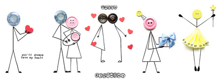 Creative concept photo of illustrated people with buttons instead of their heads on white background.の写真素材