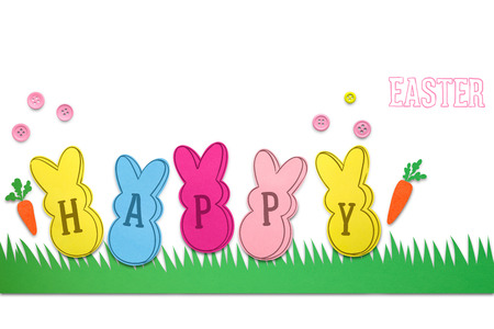 Creative easter concept photo of rabbits made of paper on white background.の写真素材